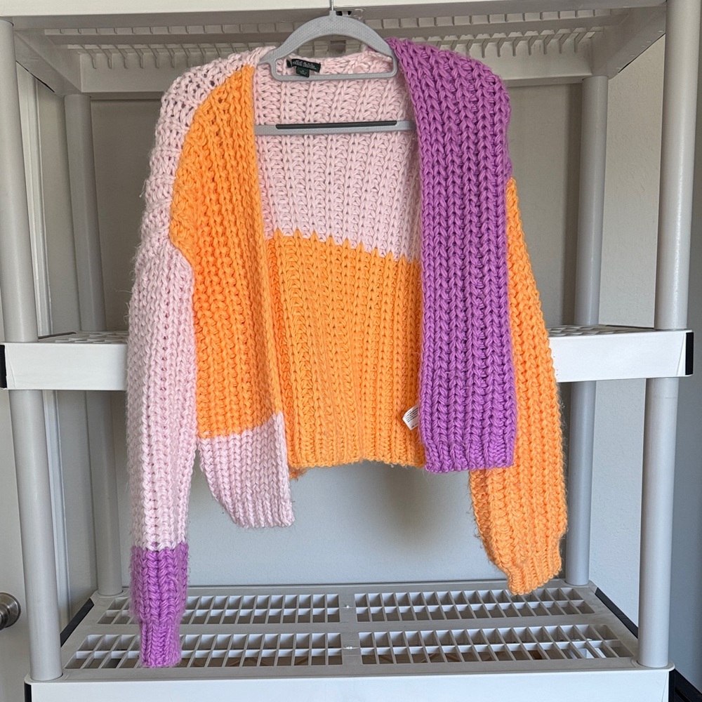Wild Fable Colorblock Pink, Orange, and Purple Cropped Knitted Cardigan